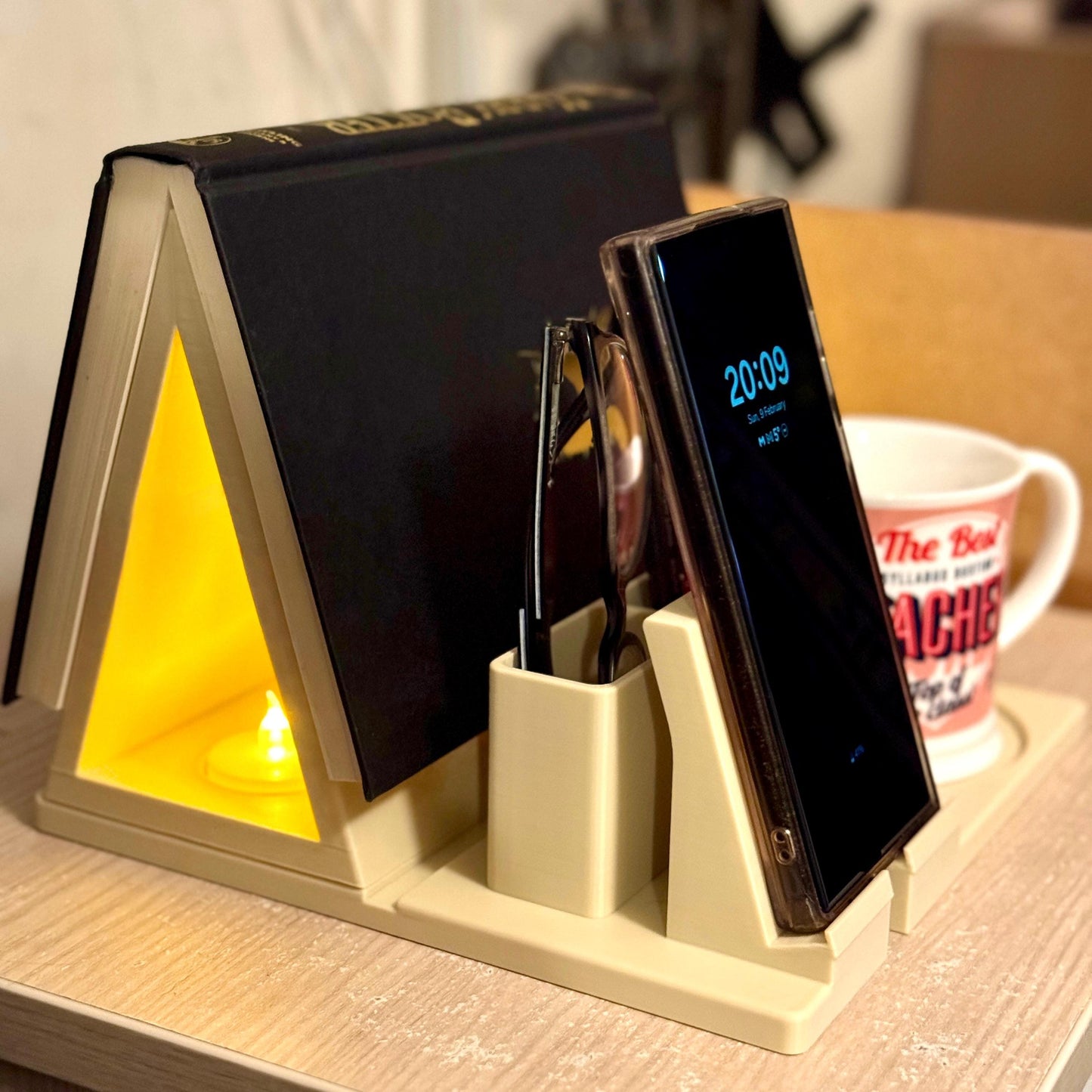 Multi-function Book Rest for Bedside | Tablet & Phone Holder | Nightstand Organiser with Pen and Glasses Storage | Doubles as Nightlight