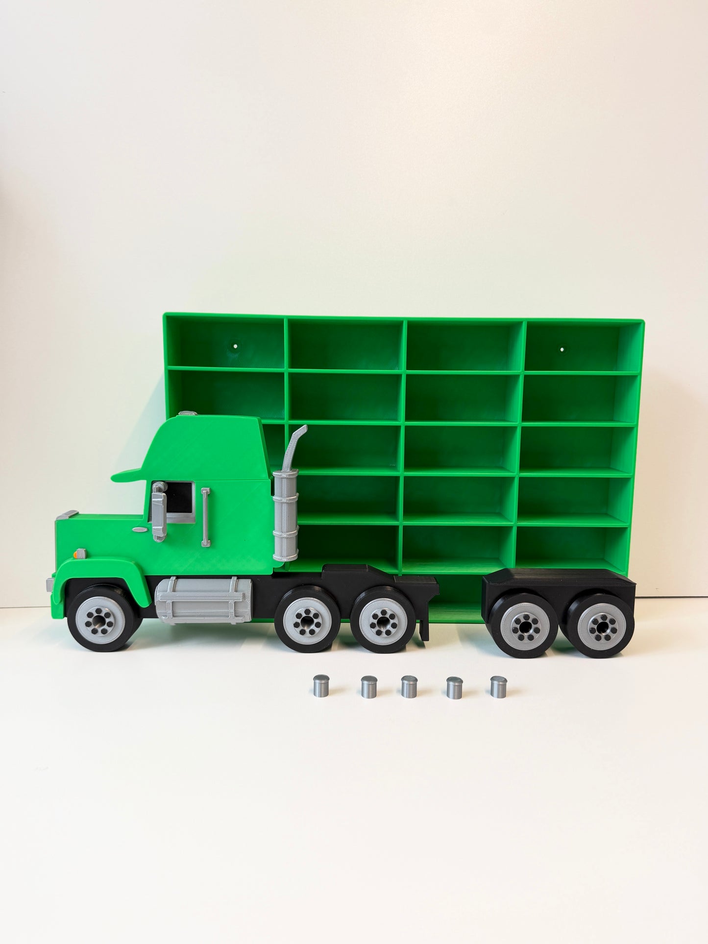 Green Truck Shaped Storage Shelf for Toy Cars, Holds 24-96 Cars, Realistic Truck Design, Wall Mounted Toy Cars Display