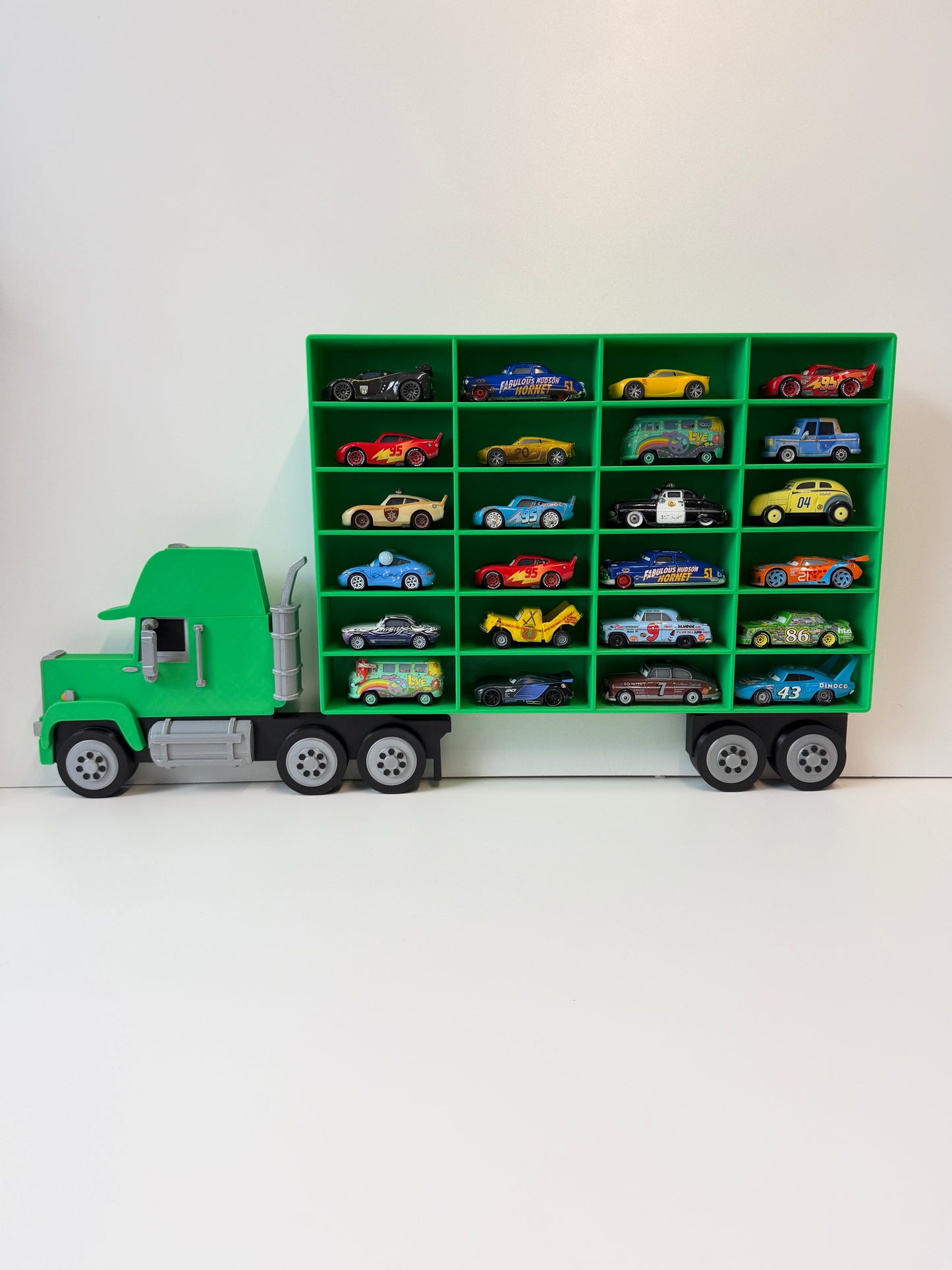 Green Truck Shaped Storage Shelf for Toy Cars, Holds 24-96 Cars, Realistic Truck Design, Wall Mounted Toy Cars Display
