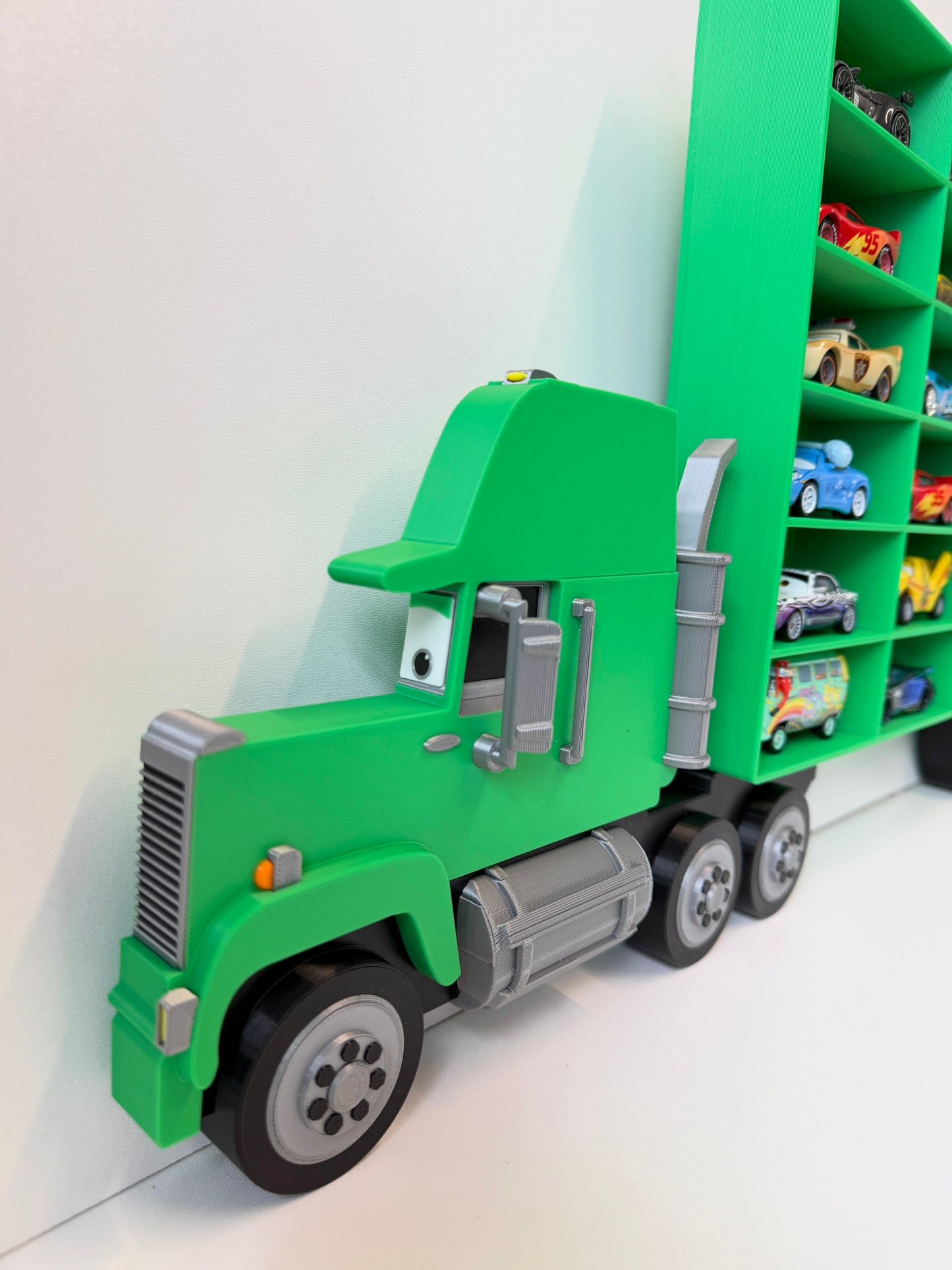 Green Truck Shaped Storage Shelf for Toy Cars, Holds 24-96 Cars, Realistic Truck Design, Wall Mounted Toy Cars Display