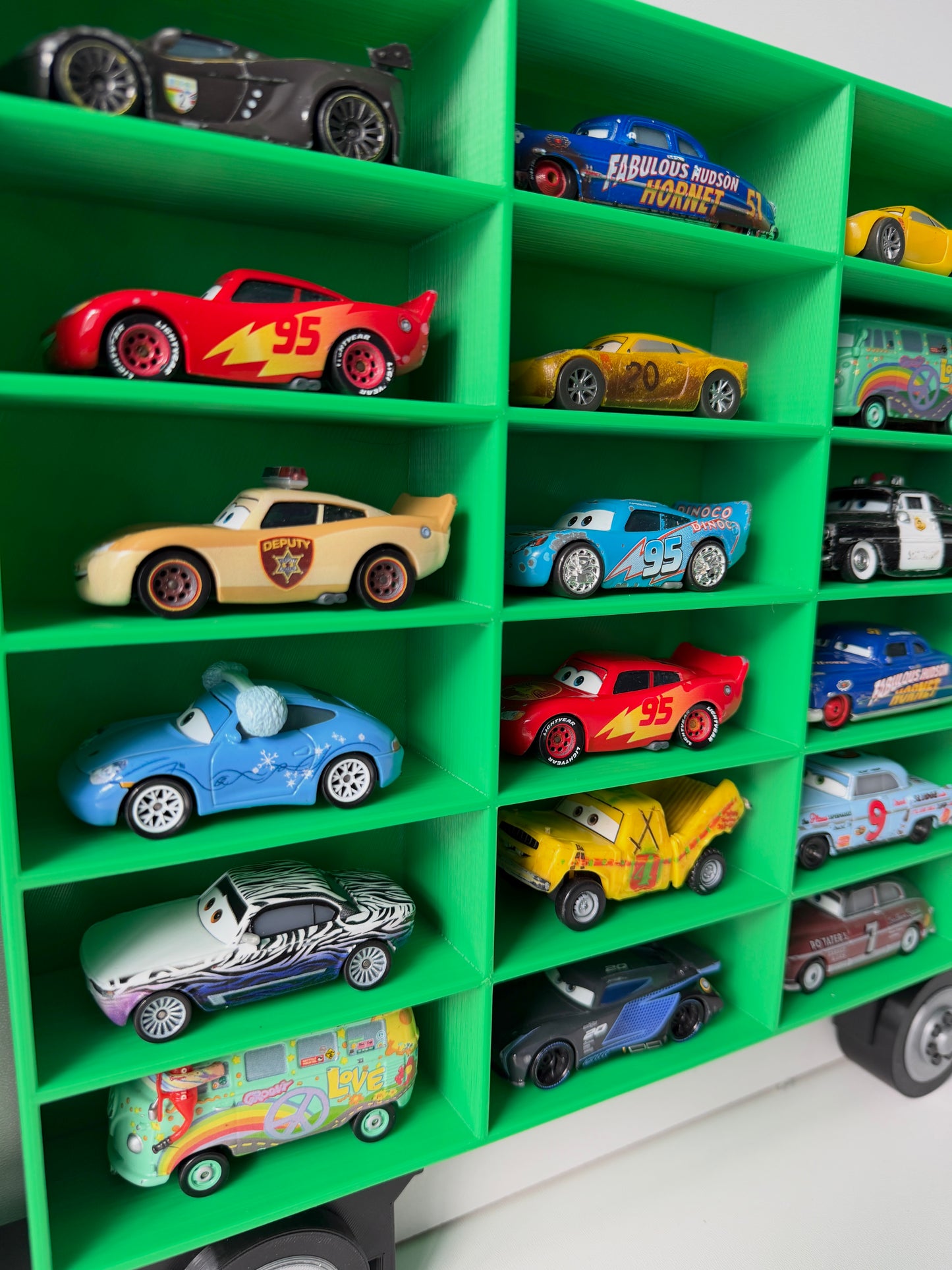 Green Truck Shaped Storage Shelf for Toy Cars, Holds 24-96 Cars, Realistic Truck Design, Wall Mounted Toy Cars Display