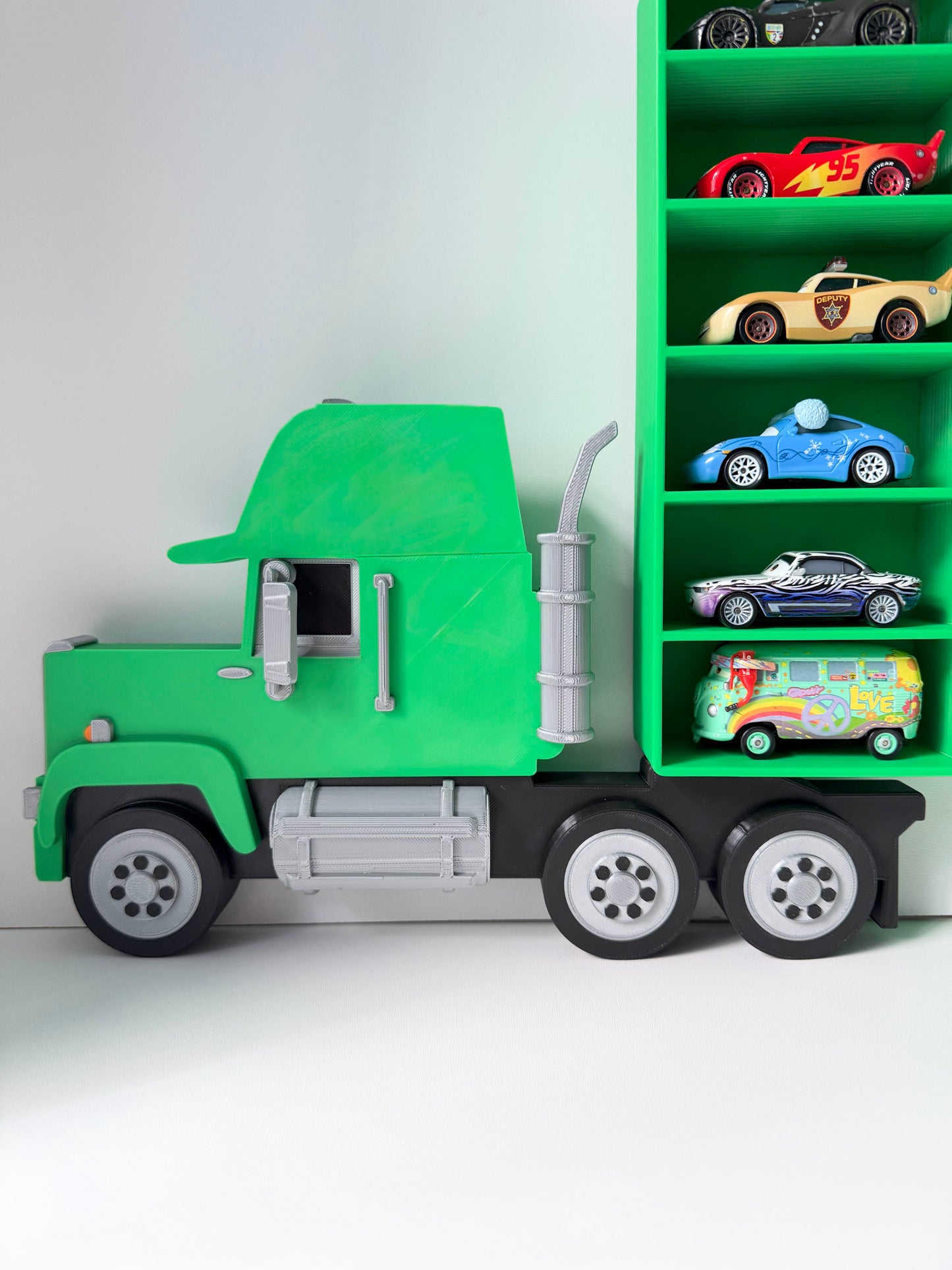 Green Truck Shaped Storage Shelf for Toy Cars, Holds 24-96 Cars, Realistic Truck Design, Wall Mounted Toy Cars Display