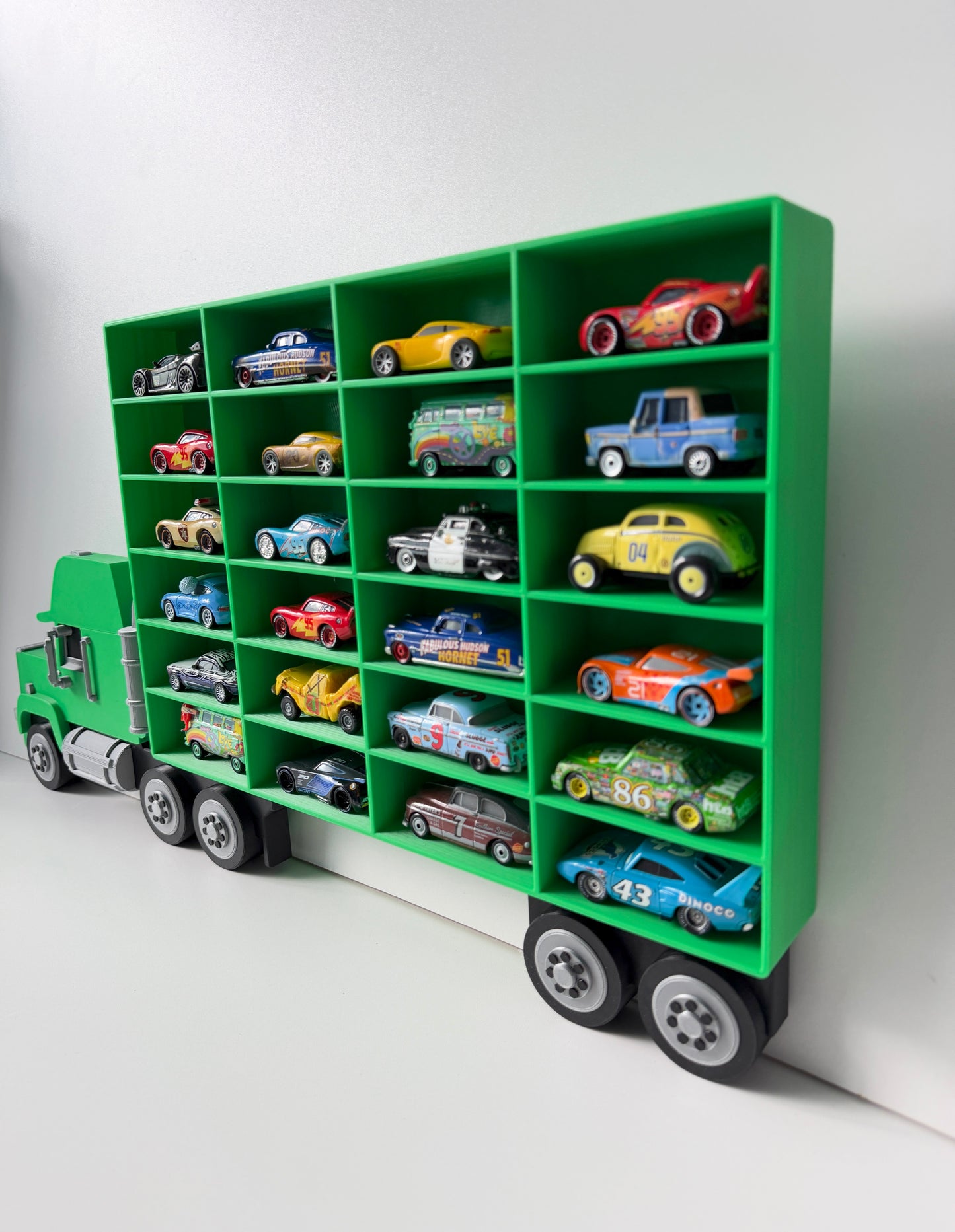 Green Truck Shaped Storage Shelf for Toy Cars, Holds 24-96 Cars, Realistic Truck Design, Wall Mounted Toy Cars Display