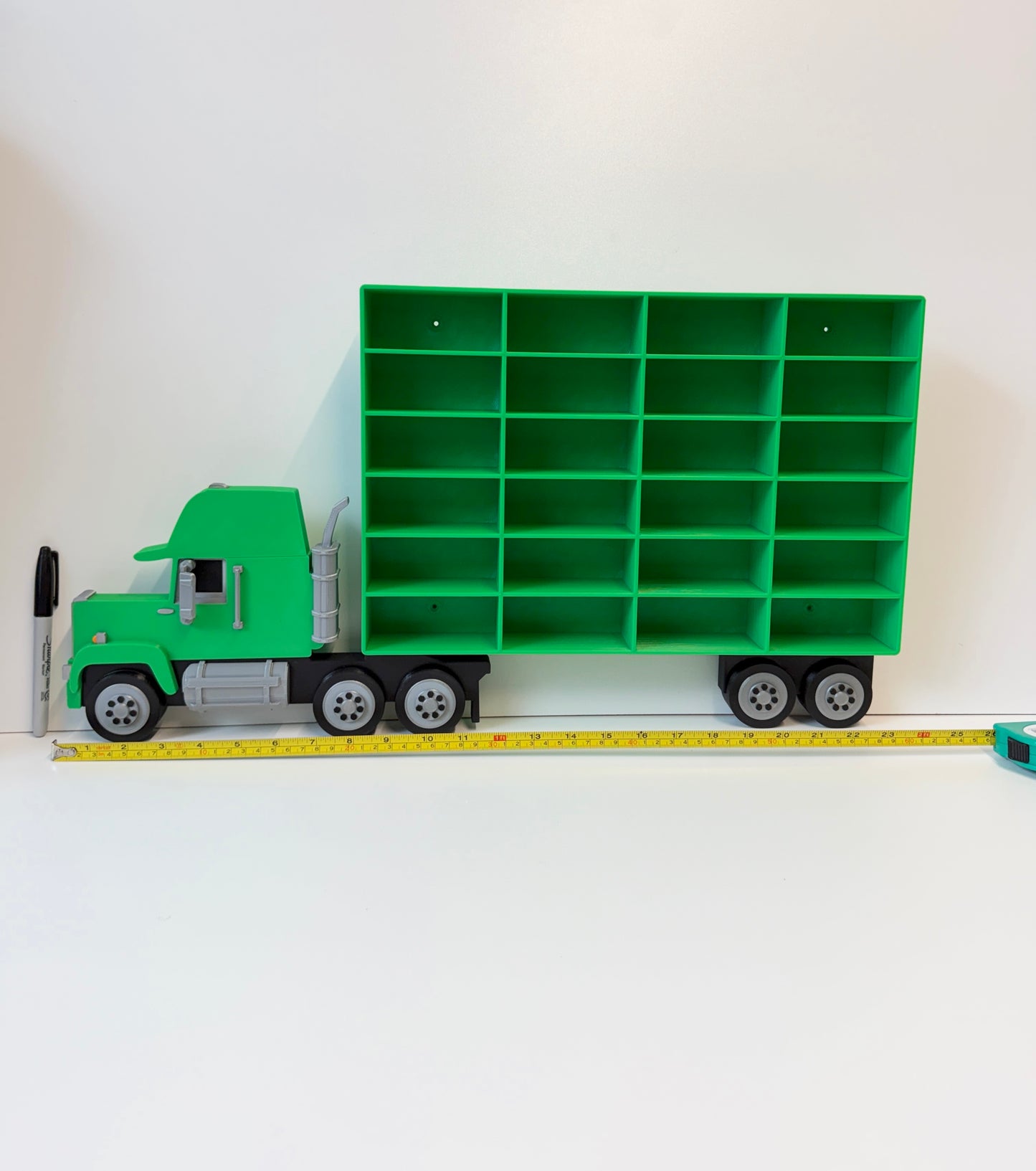 Green Truck Shaped Storage Shelf for Toy Cars, Holds 24-96 Cars, Realistic Truck Design, Wall Mounted Toy Cars Display