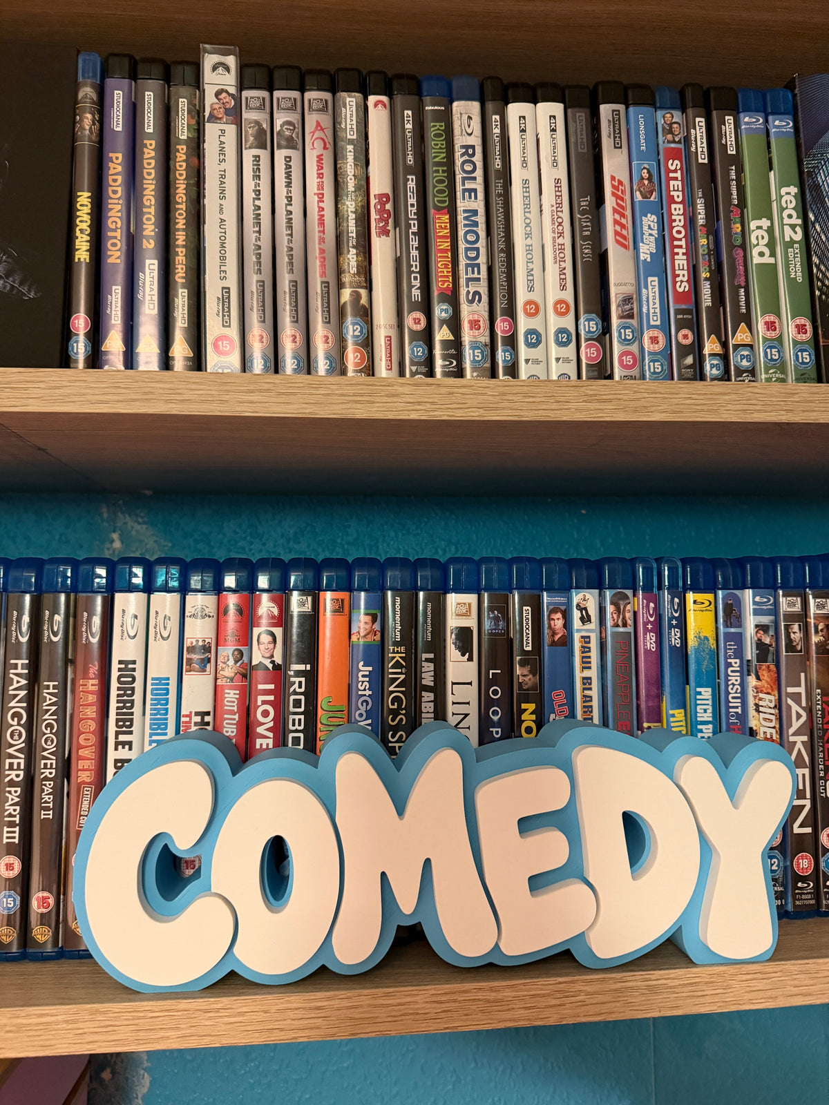 Comedy Shelf Sign 29cm/11.5inch | Movie Collection Display | Film Room Decor