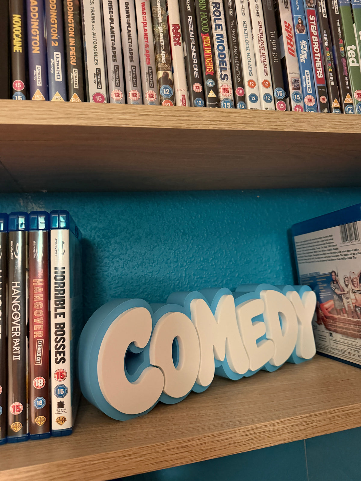 Comedy Shelf Sign 29cm/11.5inch | Movie Collection Display | Film Room Decor