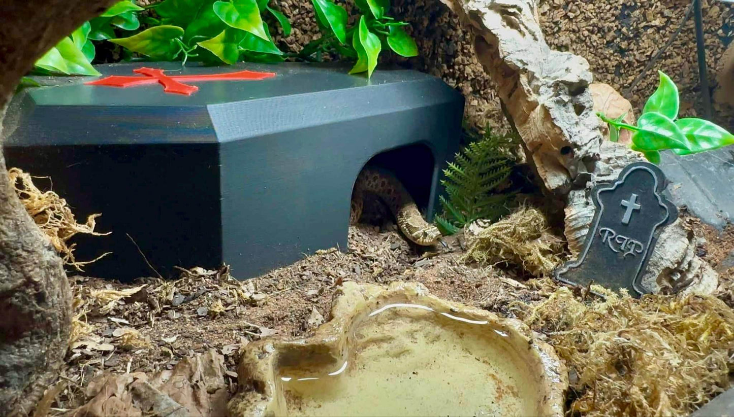Reptile Coffin Hide | 3D Printed Gothic Enclosure Decor for Snakes, Geckos, Lizards | 9” Long Shelter/Cave/Home