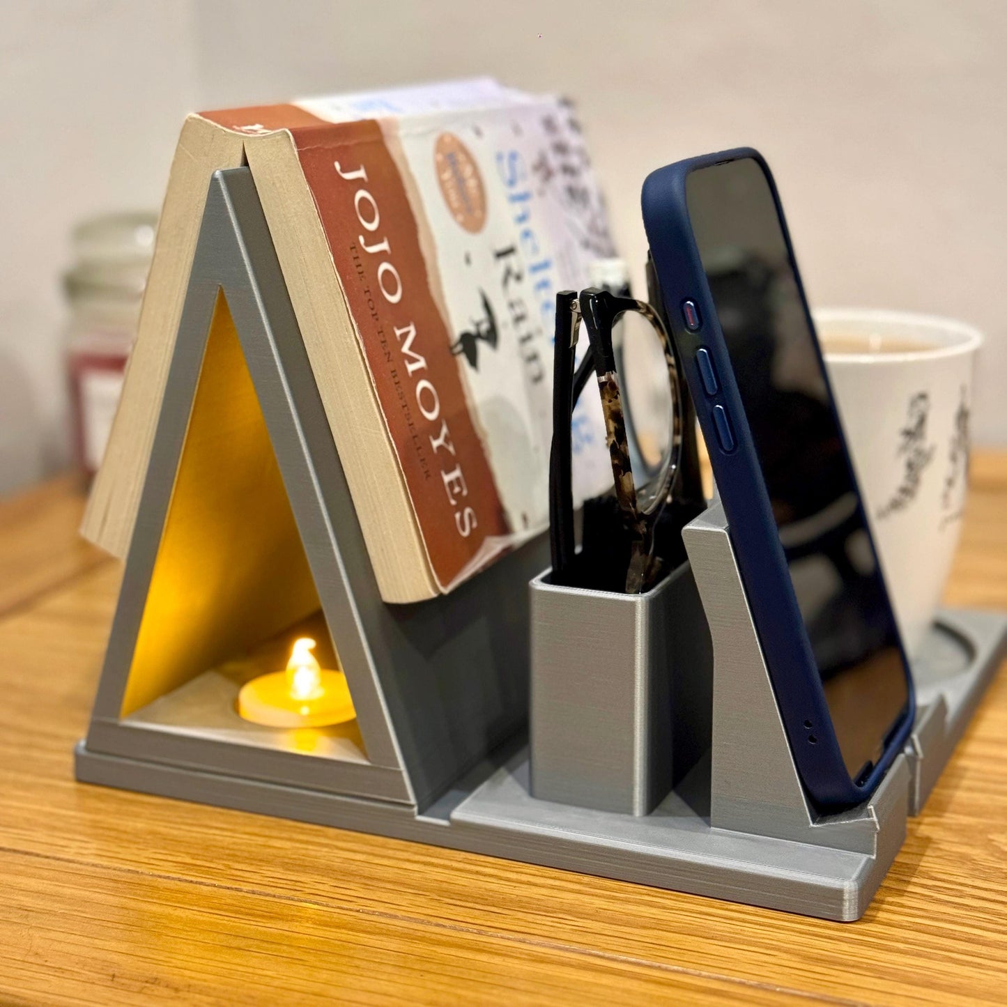 Multi-function Book Rest for Bedside | Tablet & Phone Holder | Nightstand Organiser with Pen and Glasses Storage | Doubles as Nightlight