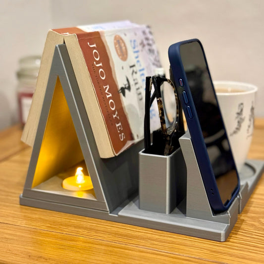 Multi-function Book Rest for Bedside | Tablet & Phone Holder | Nightstand Organiser with Pen and Glasses Storage | Doubles as Nightlight