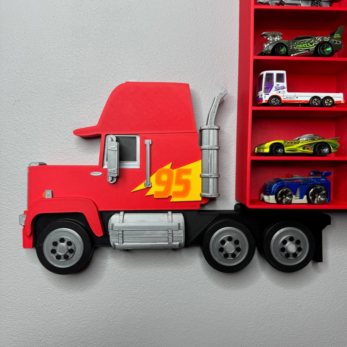 Truck Shaped Storage Shelf for Toy Cars, Holds 24-96 Cars, Realistic Truck Design, Wall Mounted Toy Cars Display