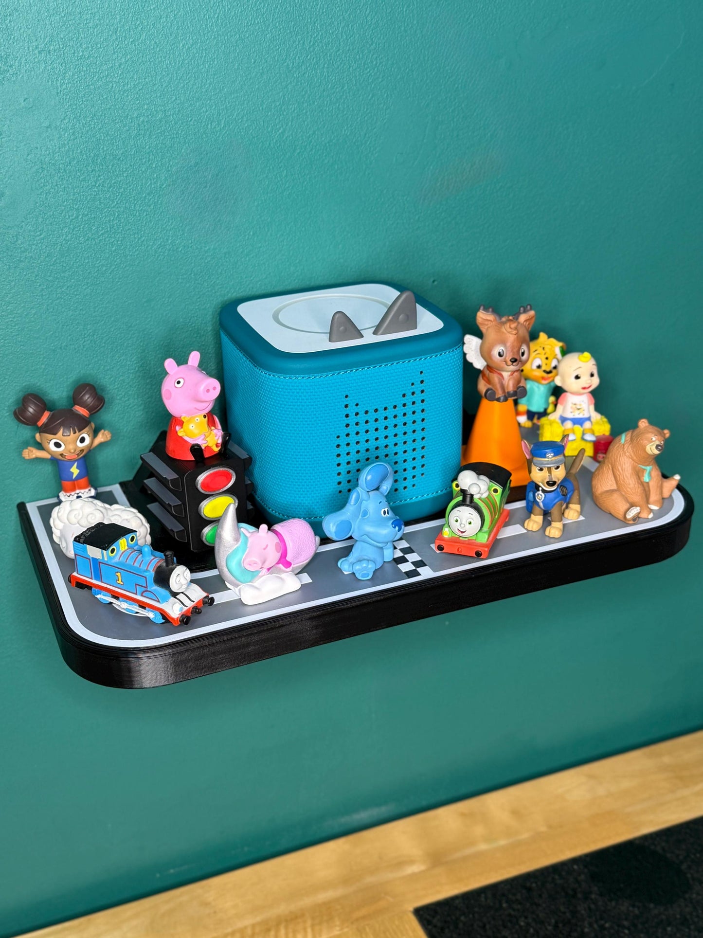 Toniebox 1 & 2 Shelf Display - Cars Road Themed | Swappable Magnetic-top Decor Pieces | Wall Mounted or Place on Surface