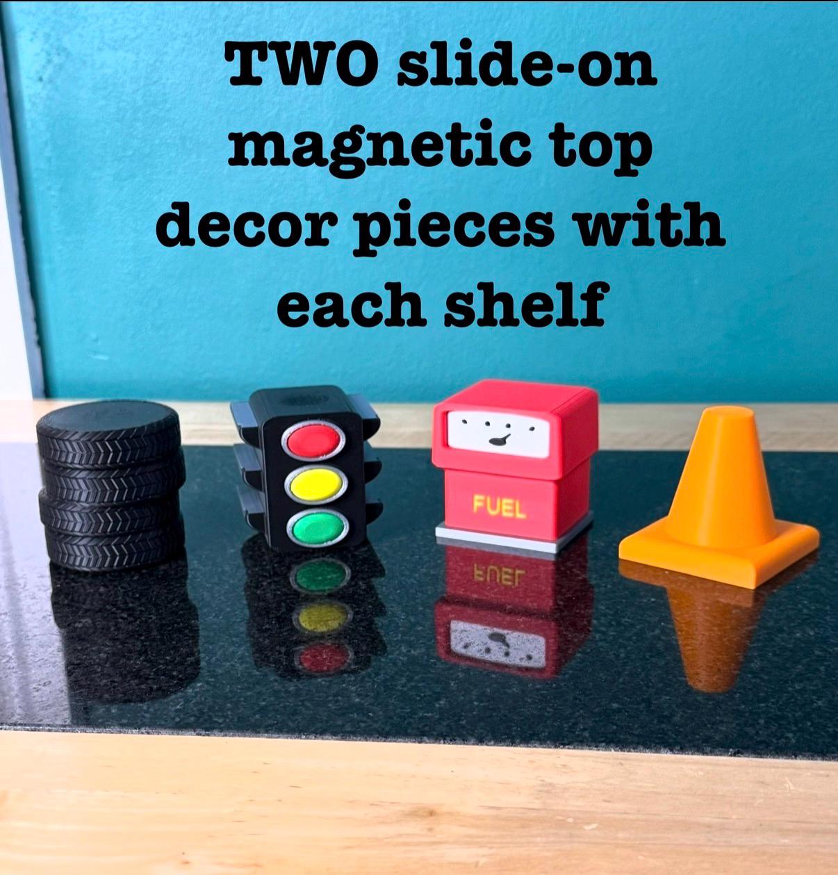 Toniebox 1 & 2 Shelf Display - Cars Road Themed | Swappable Magnetic-top Decor Pieces | Wall Mounted or Place on Surface