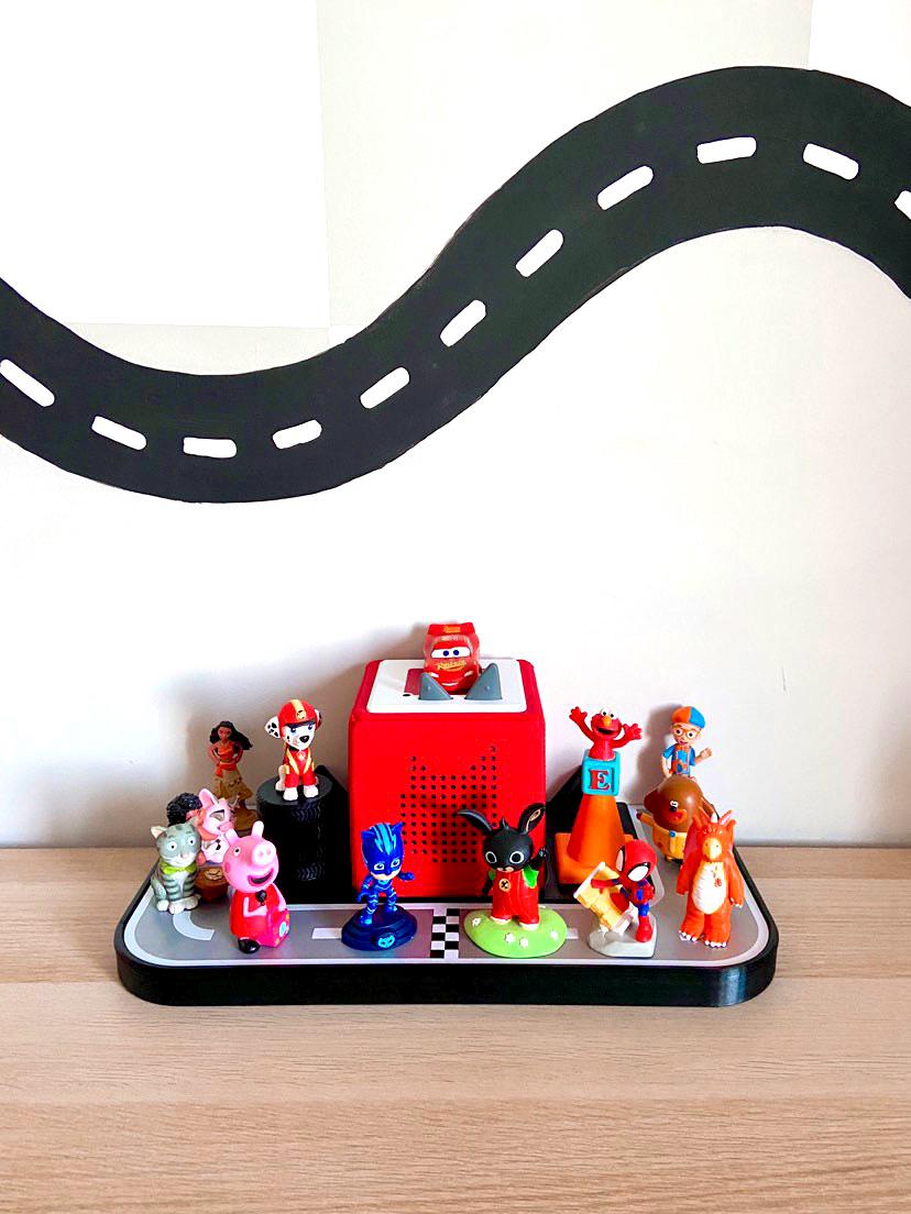 Toniebox 1 & 2 Shelf Display - Cars Road Themed | Swappable Magnetic-top Decor Pieces | Wall Mounted or Place on Surface