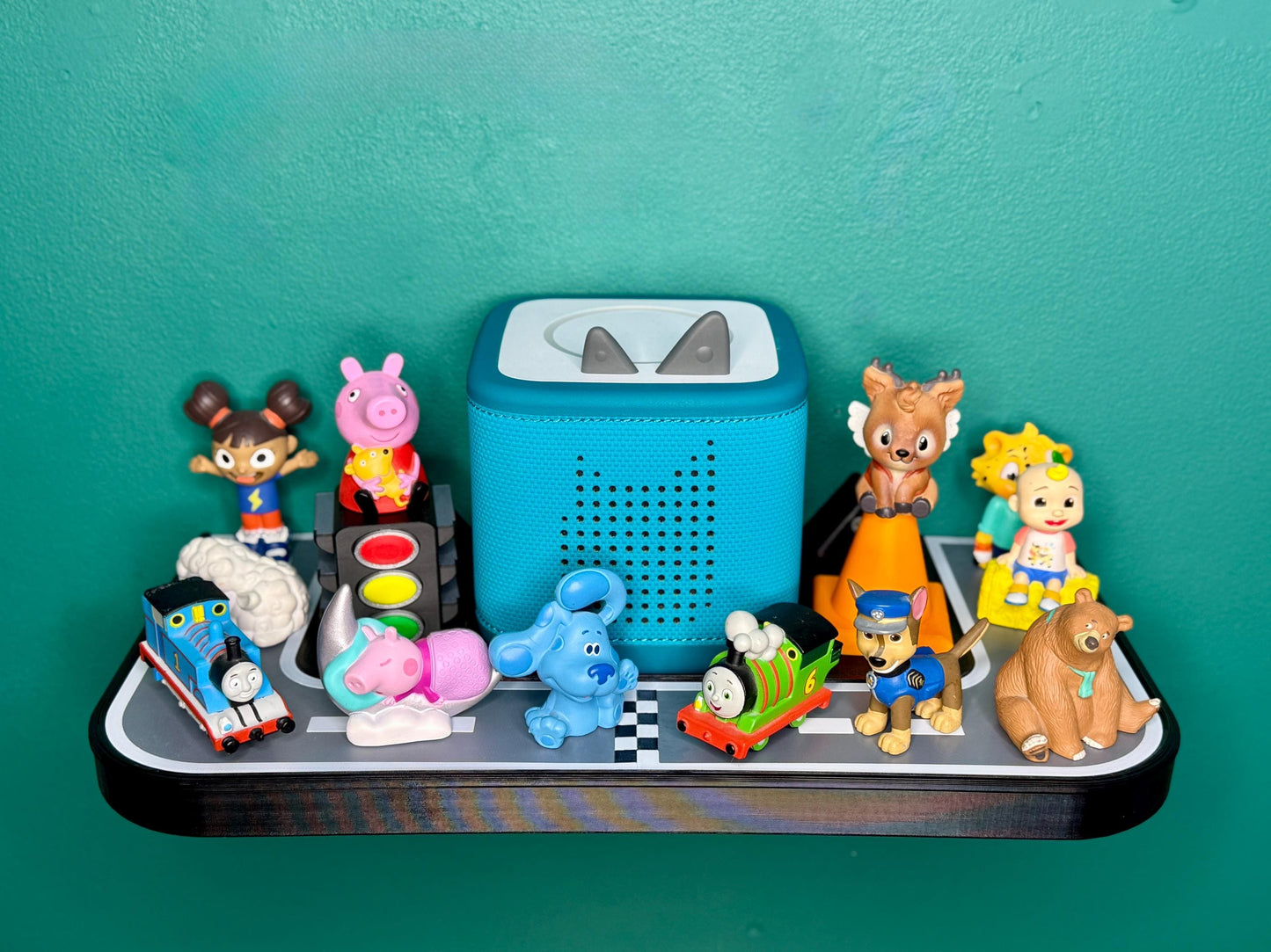 Toniebox 1 & 2 Shelf Display - Cars Road Themed | Swappable Magnetic-top Decor Pieces | Wall Mounted or Place on Surface